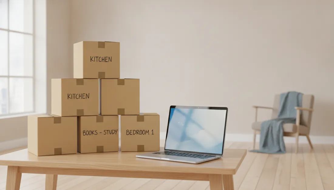 Beschriftete Umzugskartons neben einem Laptop mit Umzugsvergleich